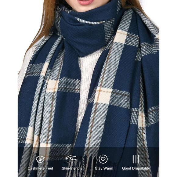 Winter Scarf Women's Shawl Cashmere Feel Tassel Plaid Oversized Scarves Navy - Picture 2 of 6